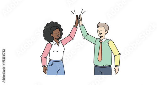 Two diverse cartoon-style business colleagues joyfully high-five, showcasing teamwork, success, and collaboration with visible joint markers.