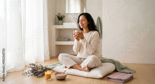 Serene woman enjoying mindful self-care morning ritual with herbal tea and aromatherapy in bright minimalist bathroom