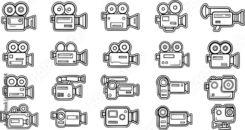 Technology  Media Industry: Black and White Line Art Icons Set of Video Cameras and Camcorders, perfect for Film and Entertainment Projects
