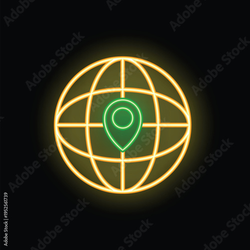 Glowing neon icon of a location pin inside an earth globe illustrating a global positioning system
