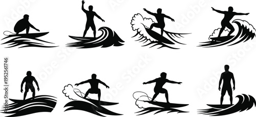 Surfing silhouette illustration set, dynamic wave rider artwork, beach sport vector design concept