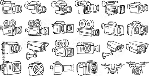 Hand Drawn Camera Vector Set: Black and White Line Art Icons of Photography, Video, Surveillance, and Drone Cameras for Technology and Media Projects