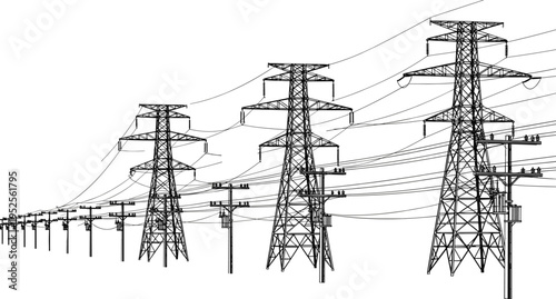Transmission tower silhouette illustration set, electrical power line utility pole artwork, energy infrastructure vector design concept