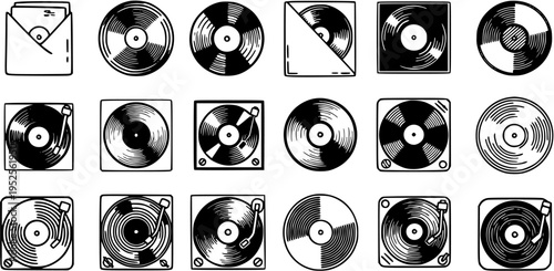 Black and White Line Art Vector Icons Set: Retro Vinyl Records and Turntables for Music and DJ Entertainment Themes