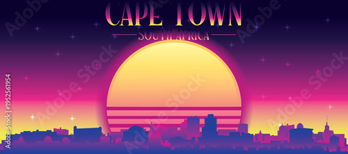 Purple generic retro futuristic synthwave panoramic poster of the city skyline with misty background sunset buildings of CAPE TOWN, SOUTH AFRICA