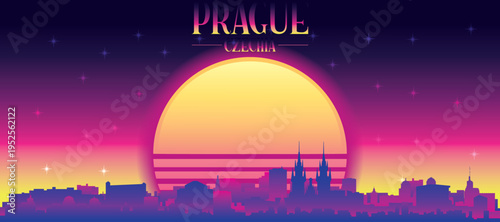 Purple generic retro futuristic synthwave panoramic poster of the city skyline with misty background sunset buildings of PRAGUE, CZECH REPUBLIC