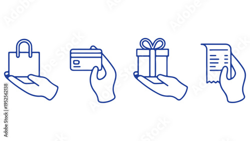 Hands holding shopping bag credit card gift and receipt in blue line art