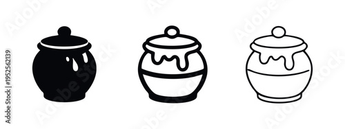 Honey Pot with Dripping Honey Icon Set in Glyph, Outline, and Flat Styles