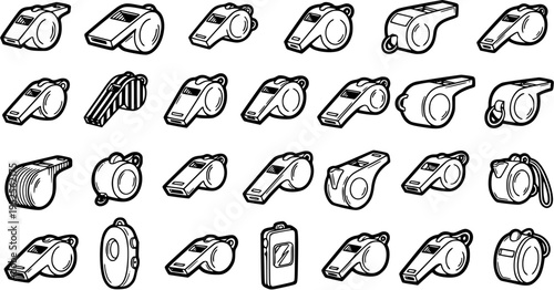 Black and White Line Art Collection of Various Sports Whistles for Coaching and Refereeing