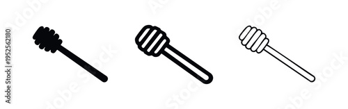 Honey dipper icon set. Honey stick vector illustration in solid, outlined, and line art styles.