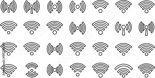 Black and White Line Art Collection of Various Wi-Fi Signal Icons on White Background
