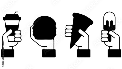 Hands holding various fast food items coffee burger pizza and ice cream