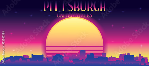 Purple generic retro futuristic synthwave panoramic poster of the city skyline with misty background sunset buildings of PITTSBURGH, UNITED STATES