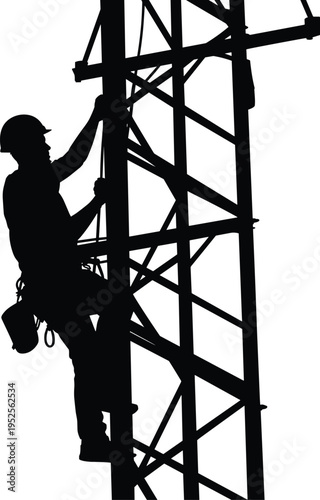 Silhouette of electrical worker climbing power transmission tower, safety harness technician repairing utility pole, industrial maintenance vector illustration isolated on white background