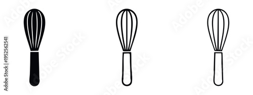 Upright whisk icon set. Kitchen cooking and baking tool vector illustration in solid, outlined, and line art styles.
