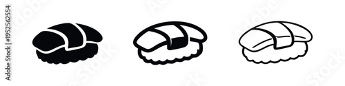 Sushi nigiri icon set, black vector symbols of traditional Japanese food on white background, different styles