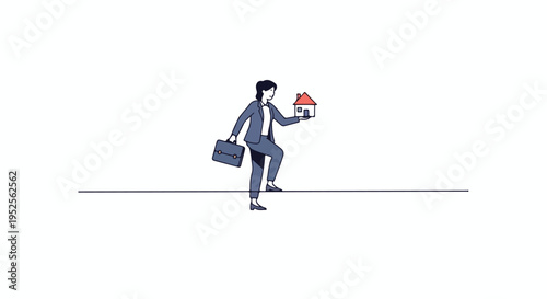 A businesswoman carefully balances on a tightrope, holding a briefcase and a house, symbolizing the delicate act of juggling career and home life responsibilities.