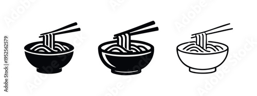 Noodles bowl with chopsticks icon set, black vector symbols of ramen or pasta in different styles on white background