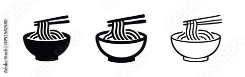 Asian noodles in a bowl with chopsticks icon set, vector symbols for ramen or other oriental cuisine on white background