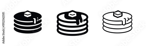 Stack of pancakes with butter and syrup icon set, black vector symbols for breakfast or dessert food on white background