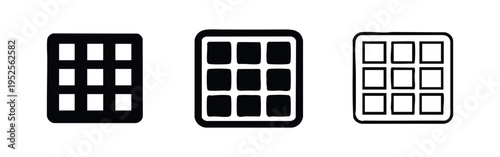 Grid menu application icon set, black vector symbols for app launcher or gallery layout on white background, various styles
