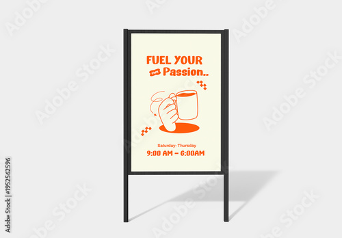 Vertical Stand Banner Mockup with Black Metal Frame on White Background