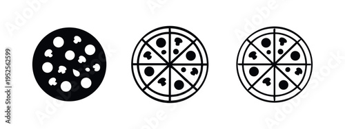 Whole pizza with toppings icon set, sliced into portions, black vector symbols for fast food or Italian cuisine