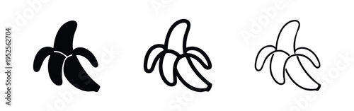 Peeled banana fruit icons set. Tropical snack in different styles, flat vector illustration.