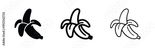 Peeled banana fruit icons set. Tropical snack in different styles, flat vector illustration.