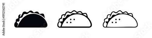 Taco Mexican fast food icon set. Traditional street food outline and silhouette vector illustration on white background.