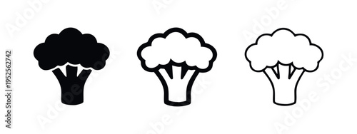Broccoli vegetable icons set. Healthy green food in different styles, flat vector illustration.