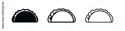 Empanada or dumpling icon set. Traditional filled pastry outline and silhouette vector illustration on white background.