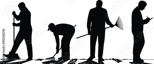 Silhouette of street cleaning workers sweeping debris and raking leaves, sanitation and maintenance team performing outdoor cleaning service vector illustration