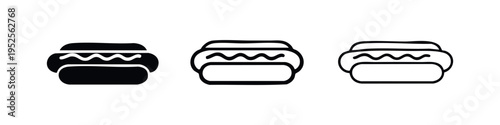 Hot dog fast food icon set from top view. Classic American snack outline and silhouette vector illustration on white background.