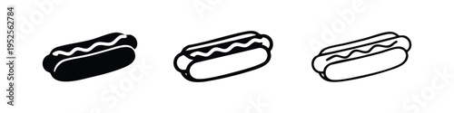 Hot dog fast food icon set from side view. Classic American snack outline and silhouette vector illustration on white background.