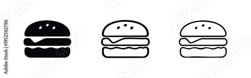 Burger or cheeseburger fast food icon set. Classic American meal outline and silhouette vector illustration on white background.