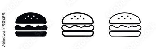 Burger or cheeseburger fast food icon set. Classic American meal outline and silhouette vector illustration on white background.