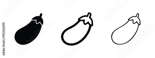 Eggplant vegetable icon set in three distinct design variations, ideal for healthy food, cooking, or grocery themes.