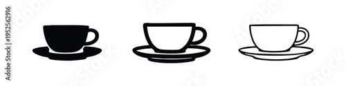 Coffee Cup and Saucer Icon Set | Beverage Mug Outline and Silhouette Vector Collection