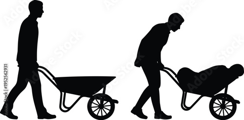 Silhouette of workers pushing wheelbarrows with heavy load, manual labor transport activity, construction material handling vector illustration isolated on white background