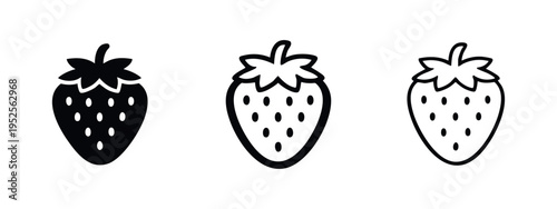 Textured strawberry fruit icon set. Detailed fresh berry vector illustration in solid, outline, and hand-drawn styles.