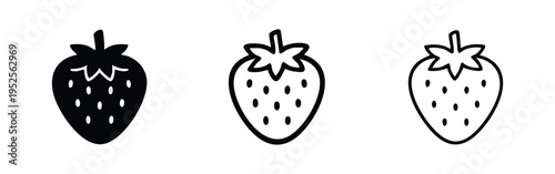 Simple strawberry fruit icon set. Fresh berry vector illustration in solid, outline, and hand-drawn styles.