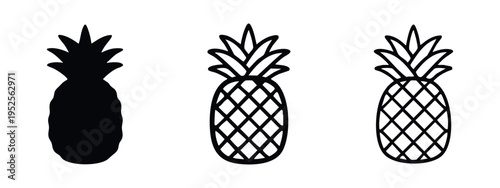 Simple pineapple fruit icon set. Tropical sweet fruit vector illustration in solid, outline, and hand-drawn styles.