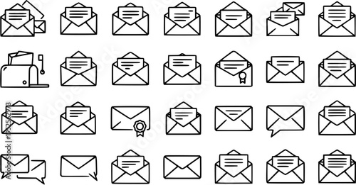 Mail and Envelope Line Art Icons Set for Communication, Business, and Digital Correspondence. Outline Vector Symbols for Email, Messages, and Office Applications.