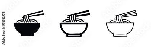 Classic ramen noodle bowl with chopsticks icon set. Asian food vector illustration in solid, outline, and hand-drawn styles.