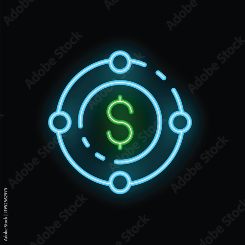 Neon sign illustrating the concept of decentralized finance, featuring a dollar symbol encircled by interconnected nodes, symbolizing a distributed network
