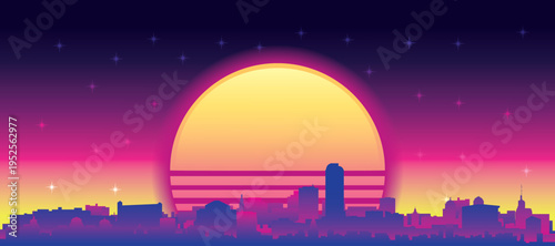 Purple generic retro futuristic synthwave panoramic poster of the city skyline with misty background sunset buildings of DENVER, UNITED STATES