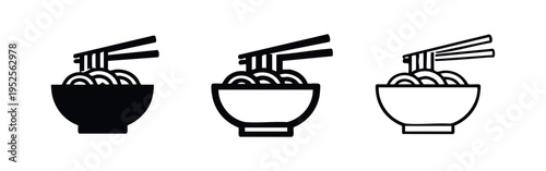 Modern ramen noodle bowl with chopsticks icon set. Asian cuisine vector illustration in solid, outline, and hand-drawn styles.