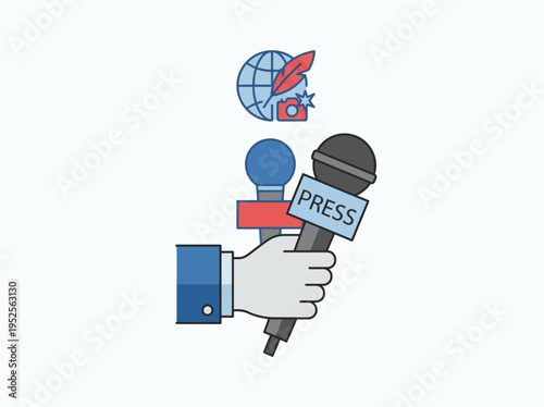 Professional journalist hand holding microphones representing global news coverage, press conferences, and media communication activities illustration