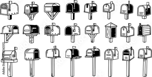 Postal Communication Industry Mailbox and Postbox Black  White Hand-drawn Line Art Icons Set. Classic and Modern Delivery Letterbox Sketch Collection.